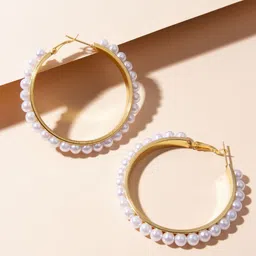 DressBerry Gold-Plated Artificial Stones Studded Contemporary Hoop Earrings-image-17