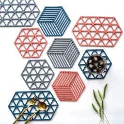 9 PCS Silicone Table Mats Heat Trivet Mat Insulated Flexible Durable Non Slip Coasters Kitchen Table Protector Mat for Bowl Dishes Home Kitchen Restaurant.(Random Pattern&Color) Silicone Trivet-0
