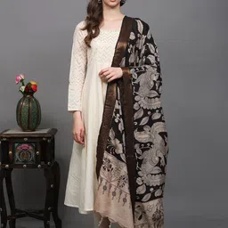 Exotic India Peacock-Floral Printed Cotton Silk Kalamkari Dupatta with Zari-image-95
