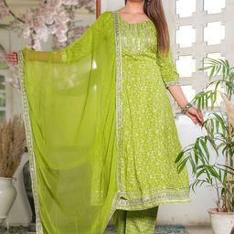 SINGNI Floral Printed Sequinned Anarkali Kurta with Trouser & Dupatta-5