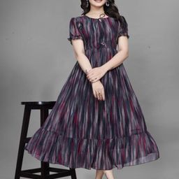 MISS CLOTHING Printed Tie-Up Neck Puff Sleeves Fit & Flare Midi Dress-image-75