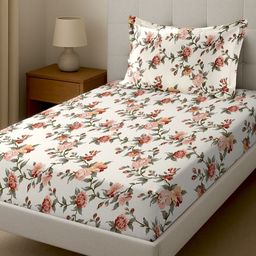 Florida Cream-Coloured & Brown Floral 160 TC Single Bedsheet with 1 Pillow Covers-picture-27