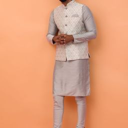 KISAH Mandarin Collar Straight Kurta With Churidar & Woven Design Nehru jacket-16