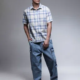 Paper Cut Oversized Checked Cotton Spread Collar Casual Shirt-picture-34