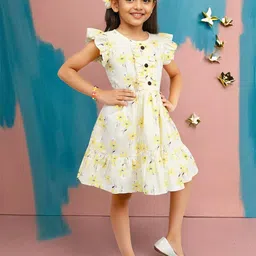 PINK MERMAID Girls Floral Printed Flutter Sleeve Cotton A-Line Dress-image-81