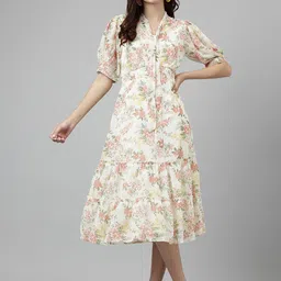 Latin Quarters Women Floral Printed Tie-Up Neck A-Line Midi Dress-image-89