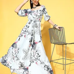 Inddus White & Charcoal Grey Floral Print Satin Maxi Dress-picture-13