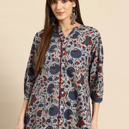 A&K Floral Print Mandarin Collar Cotton Top-image-32