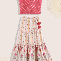 Biba Girls Fuchsia Pink & Off White Floral Gotta Patti Ready to Wear Lehenga & Blouse-picture-17