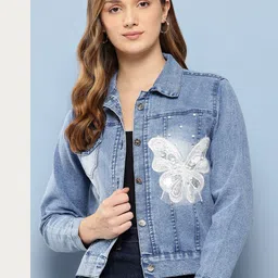 Aarika Butterfly Beaded Embroidered Applique Lightweight Denim Jacket-picture-38