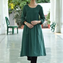 SAVI Round Neck Pleated A-Line Kurta-image-19