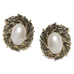 Shining Diva Fashion Antique Gold-Toned  Off-White Beaded Oversized Stud Earrings-image-61