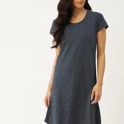 ETC Women Navy Blue & White Pure Cotton Geometric Print Nightdress-image-34
