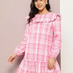 aaliya Checked Puff Sleeve Ruffled A-Line Mini Dress-picture-25