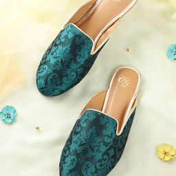 House of Pataudi Women Teal Green Woven Design Mules-image-76