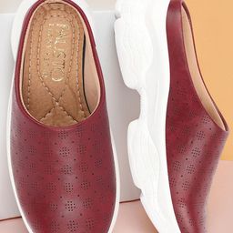 FAUSTO Women Maroon Perforations PU Slip-On Sneakers-48
