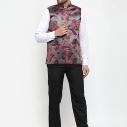 Jompers Men Grey & Red Printed Nehru Jacket image 5
