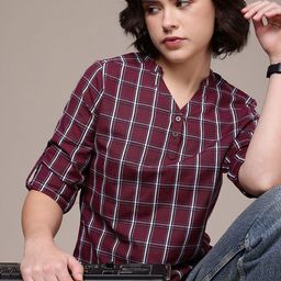 The Roadster Lifestyle Co. Checked Roll Up Sleeves Casual Top-image-40