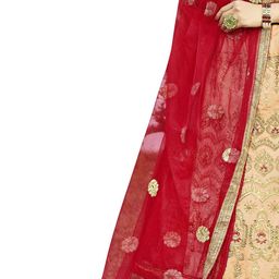 MANVAA Peach-Coloured & Red Embroidered Thread Work Semi-Stitched Lehenga & Unstitched Blouse With Dupatta image 4