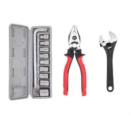 Hillgrove 10 Pcs Hex Socket Spanner Set, 203.2 mm (8 Inch) Plier & 203.2 mm (8 Inch) Adjustable Wrench Combo, HGCM409M1-8