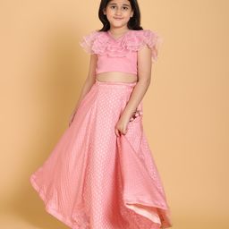 Piccolo Sleeveless Ruffle Detail Choli With Printed Lehenga - Pink-image-83