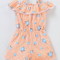 Babyhug 100% Cotton Knitted Singlet Sleeves Checks Jumpsuit - Orange-image-36