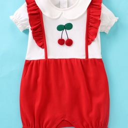 Kookie Kids Half Sleeves Romper With Pom Pom & Frill Detailing Cherry Embroidery- Red & White-picture-32