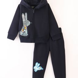 Pepito Fleece Full Sleeves Winter Wear Suit With Bunny Print & Embroidery - Navy Blue-image-90