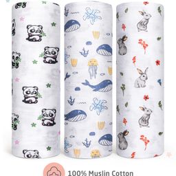 Zoe 100% Cotton Muslin Multipurpose Swaddle Wrap Pack of 3 Rabbit Print- Multicolour-picture-11