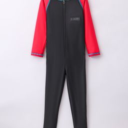 Rovars Cotton Lycra Full Sleeves Solid Color Body Swimsuit - Black & Red-image-76