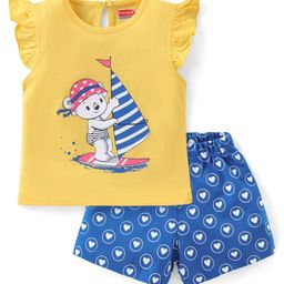 Babyhug Single Jersey Knit Frill Sleeves Night Suit With Bear & Heart Print - Yellow & Navy Blue-image-50