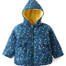 Babyhug Woven Full Sleeves Front Open Padded Hooded Jacket with Floral Print & Bow Applique - Teal Blue-picture-11
