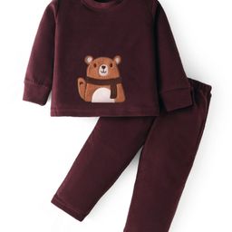 Kanvin Fleece Woven Winter WearFull Sleeves Bear Patch Sweatshirt with Lounge Pants - Maroon-picture-21