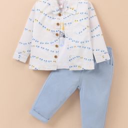 Wow Clothes Cotton Woven Full Sleeves Vehicles Printed Shirt With Inner Tee & Trouser Pants - White & Sky Blue-image-89