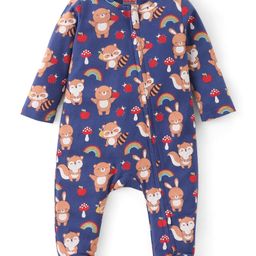 Babyhug Cotton Knit Full Sleeves Footed Sleep Suit with Bear & Fox Print - Navy Blue-image-74