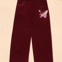 Cutecumber Full Length Butterfly Embroidered Pant - Maroon-image-90