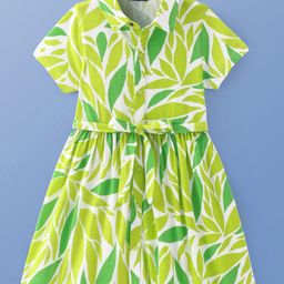 Pine Kids Cotton Knit Half Sleeves Front Open Frock with Tropical Theme Print & Bow Applique - Light Green & White-image-88