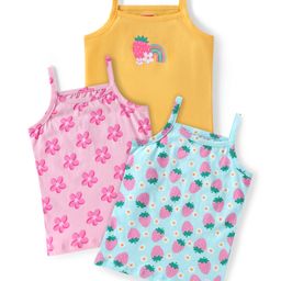 Babyhug 100% Cotton Knit Singlet Sleeves Floral & Strawberry Printed Slips Pack of 3 - Blue Yellow & Pink-image-105
