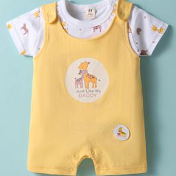 ToffyHouse Cotton Knit Half Sleeves Dungree Style Romper With Animal Print - Lemon-image-44