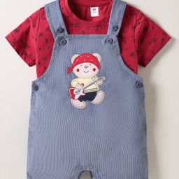 ToffyHouse Cotton Knit Half Sleeves T-Shirt & Dungaree With Bear Patch Embroidery - Red & Blue-image-61