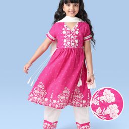 EARTHY TOUCH Woven Half Sleeves Kurta & Churidar Set with Floral Print & Dupatta - Dark Pink-image-50