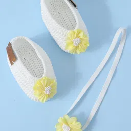 Funkrafts Handmade Crochet Floral Applique Detailed & Beads Embellished Booties & Headband Set - White & Yellow-picture-13