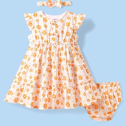 Babyhug Rayon Woven Frill Sleeves Floral Printed Frock With Bloomer & Headband - Orange & White-image-4