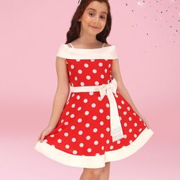 Cutecumber Cold Shoulder Polka Dots Printed Bow Applique Detailed Dress - Red-image-24