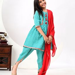 FlyFinns Cotton Half Sleeves Katha Printed Tassels & Lace Embellished Dhoti Kurta With Dupatta Set - Green-25