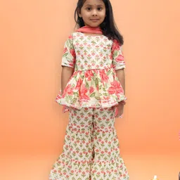 TIPPY TOP Cotton Half Sleeves Floral Printed Lace Embellished Peplum Kurta & Sharara With Dupatta Set - Peach-picture-38