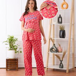 Bella Mama Cotton Knit Half Sleeves Nursing Night Suit with Heart Print - Dark Pink-image-12