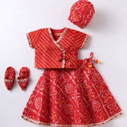 Exclusive from Jaipur Cotton Knit Half Sleeves Striped Choli Lehenga Set with Hat & Mojari - Red-image-30