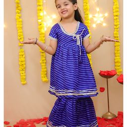 BownBee Cotton Woven Half Sleeves Lehriya Printed & Gota Lace Embellished Kurti & Sharara Set - Blue-image-94