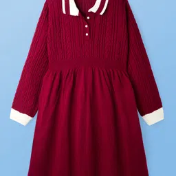 Pine Kids Knit Full Sleeves Collared Woollen Dress with Cable Knit Design - Dark Red-picture-2